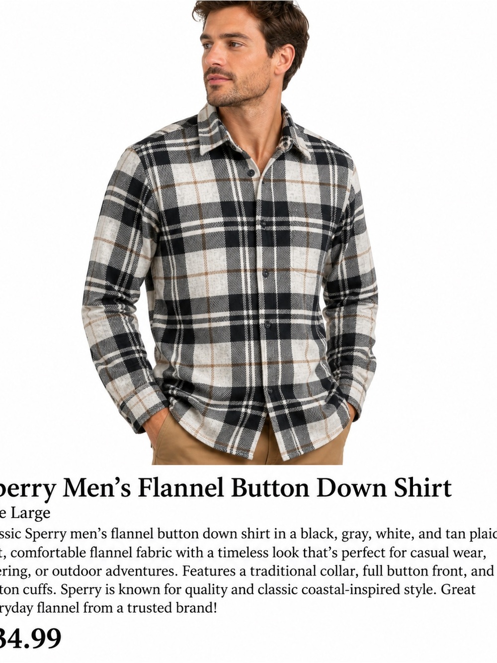 Sperry Men’s Large Plaid Flannel Button Down Shirt Black Gray Tan